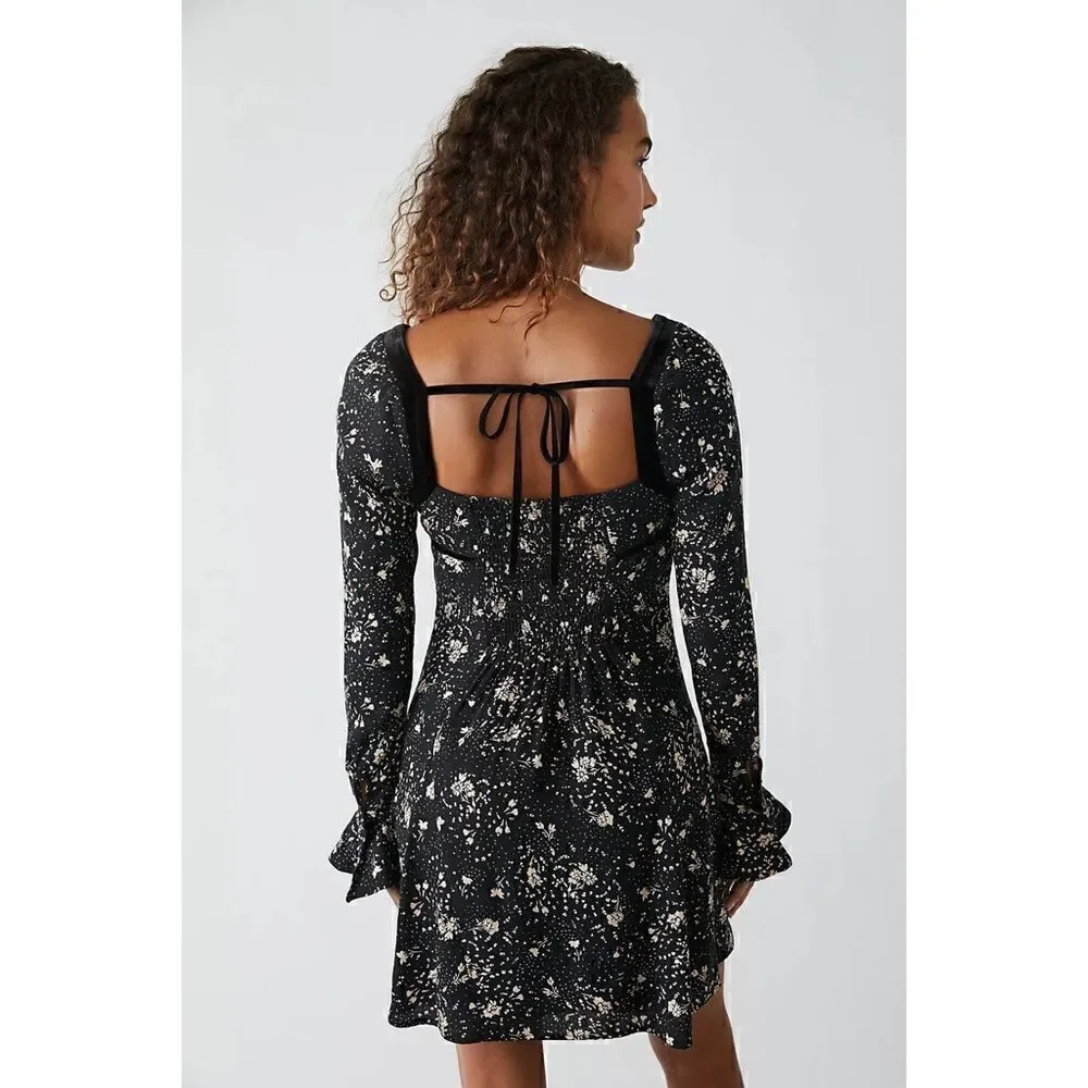NWT Free People Tess Floral Print Long Sleeve Mini Dress in Black Combo, Size XS